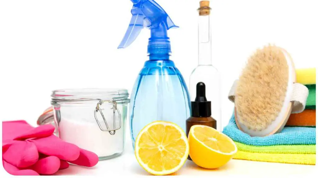 {various cleaning supplies including a spray bottle, mitts, gloves and a lemon} (no gender, age or ethnicity information present)