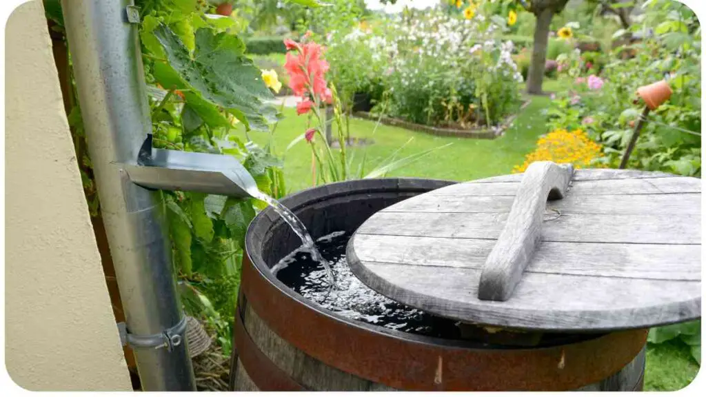 a wooden barrel filled with water next to a garden