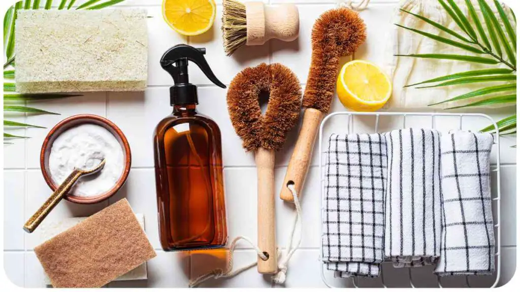 a variety of cleaning products on a tiled floor