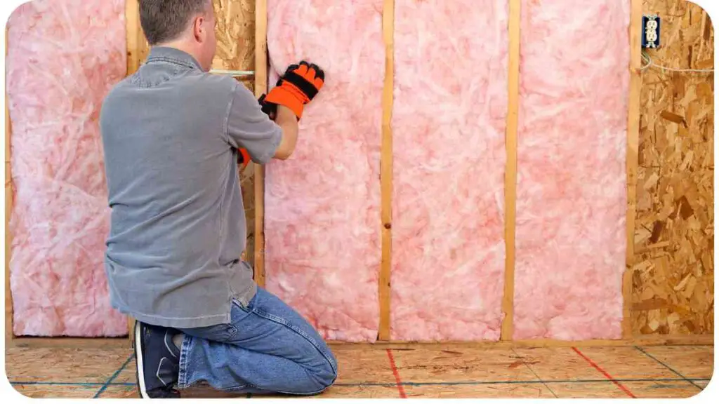 a man is working on a room with pink insulation